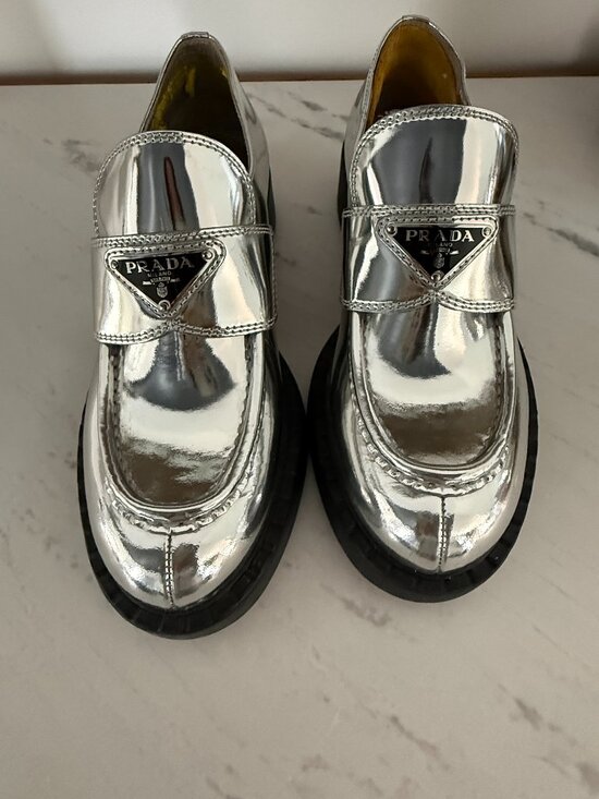 Prada Shoes - Prada Silver / Argento Triangle Logo Metallic Loafers (Size 36)